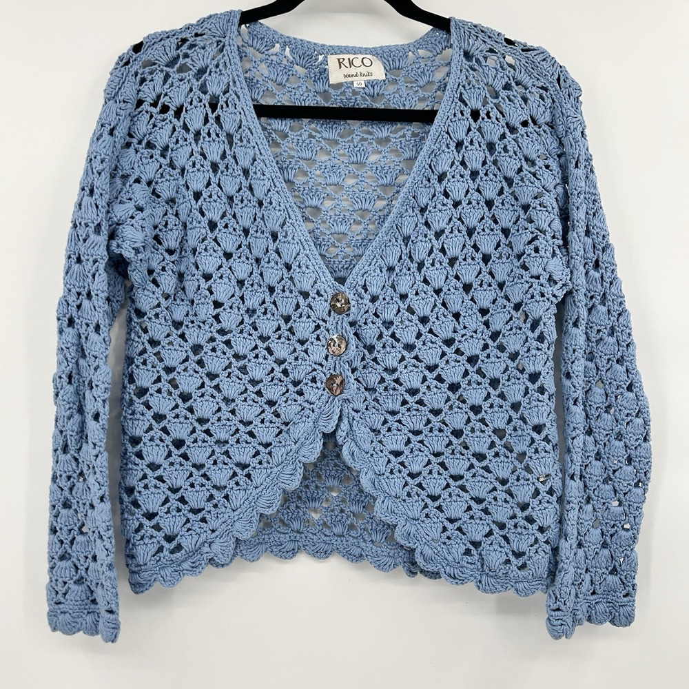 VTG Rico‎ Hand Knits Crochet Cottagecore Sweater Sz S Blue Coastal Shell Stitch